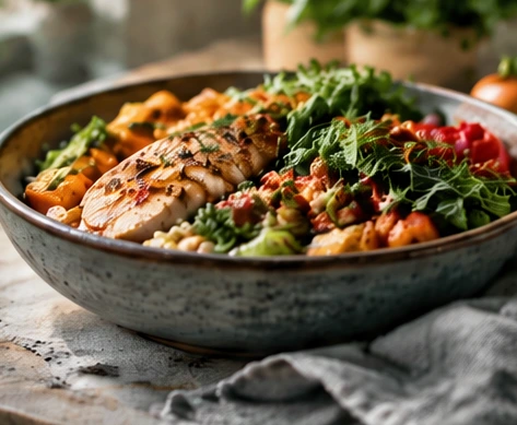 A bowl of roasted chicken, grains, and colorful vegetables
